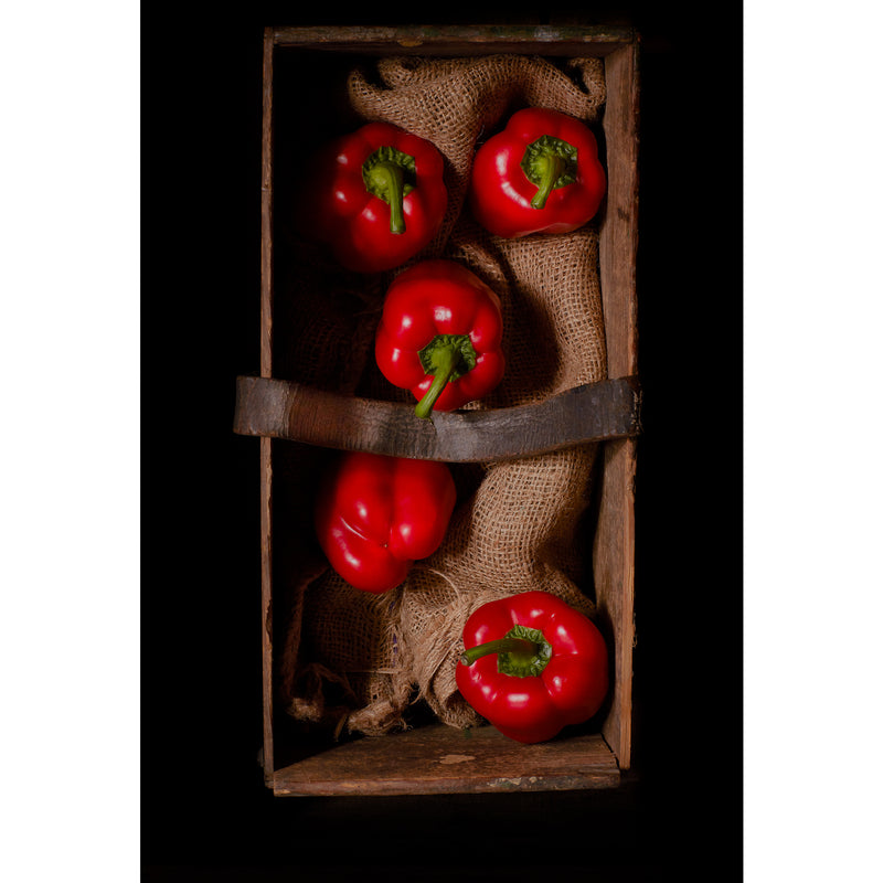 Red Peppers on Hessian in old weathered box